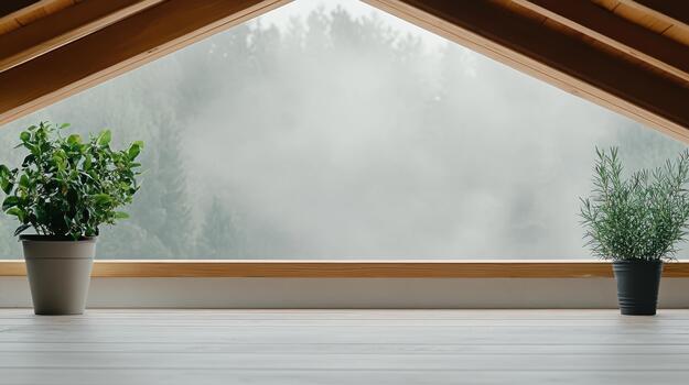 Foggy mountain view through triangular attic window with potted plants adding calm photo