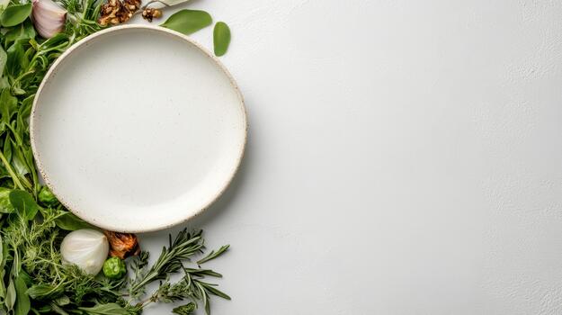 Fresco hierbas y vacío cerámico plato en texturizado fondo, rústico culinario ambiente foto