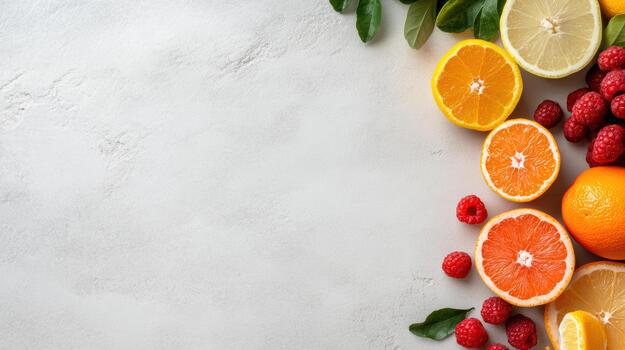 Bright citrus and raspberry platter with blank center for text, fresh summer mood photo