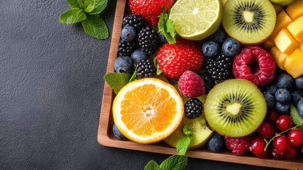 Fresh colorful fruit platter with sliced citrus, berries and kiwi bright and appetizing photo
