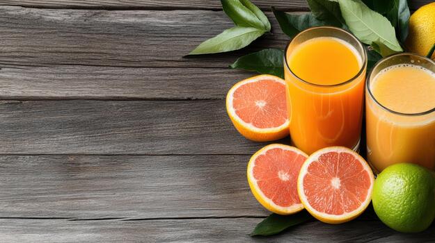 Fresh orange juice and grapefruit juice on wooden table photo