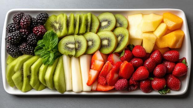 A plate of fruit arranged in a square shape photo