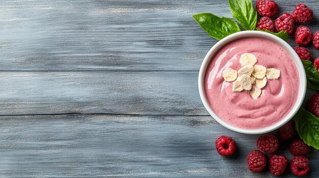 Raspberry smoothie bowl with granola and fresh raspberries on rustic wood, bright appetizing photo