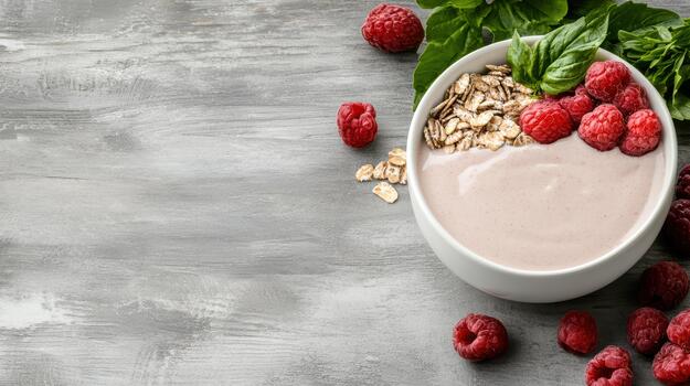 Raspberry smoothie bowl with oats and basil, fresh healthy breakfast in bowl photo