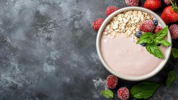 Strawberry smoothie bowl with oats raspberry blueberry and basil, bright healthy breakfast photo