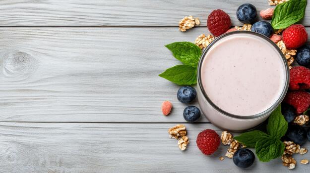 Fresh berry smoothie with granola and mint on wooden table photo