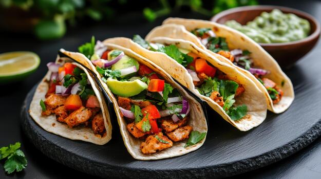Grilled chicken taco with avocado, cilantro, red onion, tomato and lime photo