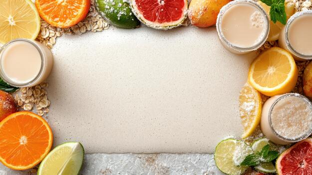 A frame with oranges, lemons, and milk photo