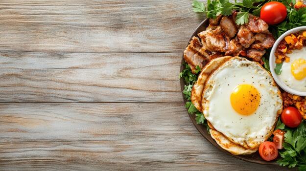 soleado frito huevo con tocino y Tomates en rústico de madera mesa, apetitoso desayuno plato foto