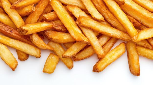 Golden crispy french fry pile with textured edges and warm color, appetizing snack scene photo