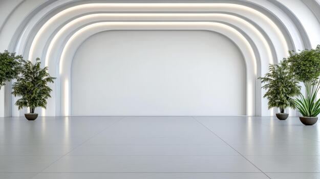 Modern minimalist archway interior with soft LED lines and potted plants photo