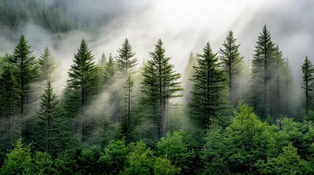 Misty evergreen forest with sun rays filtering through pine canopy, tranquil mood photo