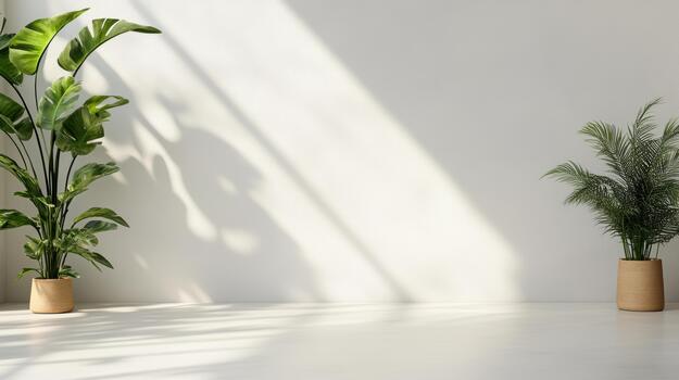 Sunlit potted plant minimal interior calm modern space with soft shadows photo