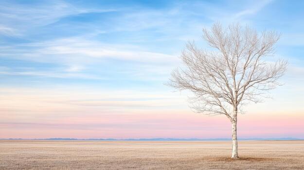 Lonely birch tree pastel sky serene barren field calm dawn photo