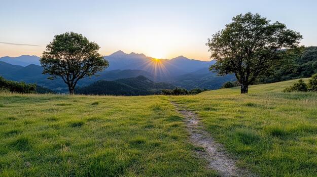 Sunrise meadow path with two trees and distant mountain silhouette, serene golden light photo