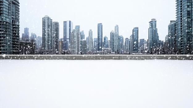 Snowy urban skyline with falling snow and empty foreground, serene winter cityscape photo