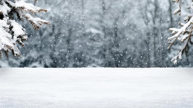 Winter landscape with snow falling and trees in the background photo