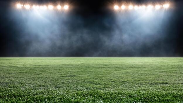 Stadium grass field under bright floodlights creating dramatic atmosphere photo