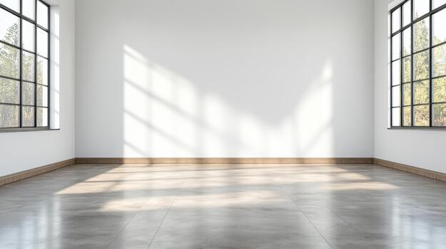 Empty room with sunlight reflection on polished floor creating calm mood photo