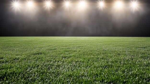 Stadium grass field illuminated by bright overhead lights creating dramatic mood photo
