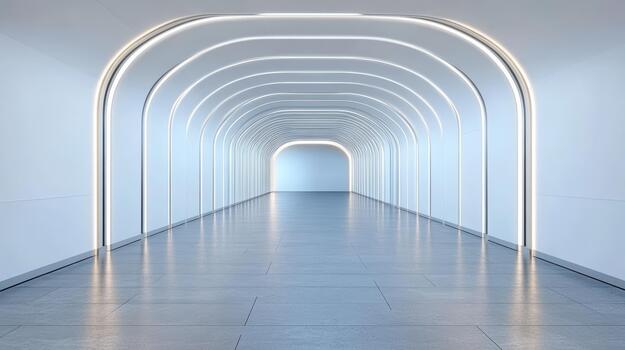 Arched illuminated corridor with repeating light arches and reflective floor, serene futuristic photo