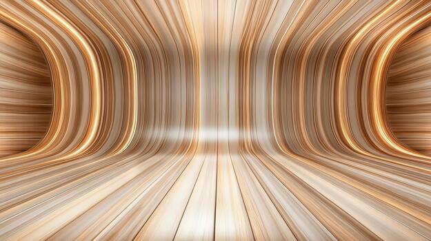 Golden smooth tunnel with streaks of light and reflective curved walls, warm ambient glow photo