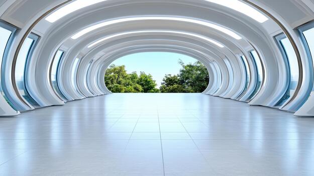 Futuristic curved hallway with large windows and green trees visible outside, bright airy space photo