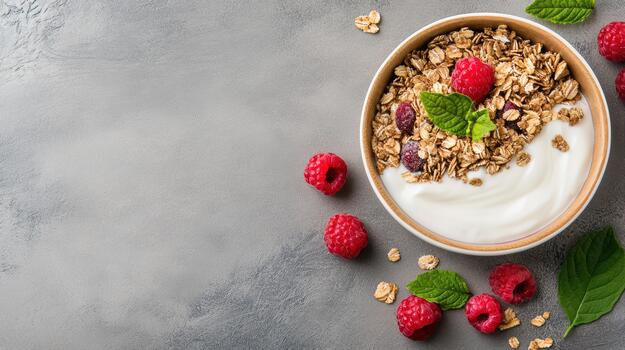 Crisp granola and yogurt bowl with raspberries and mint on gray surface, fresh and healthy photo