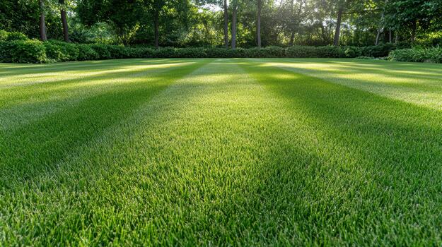 Manicured green lawn with striped mowing pattern and sunlit tree border photo