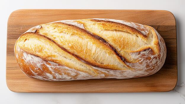 Rustic artisan loaf with golden crust and flour dusting, warm bakery aroma photo