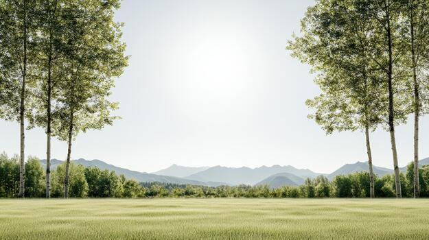 Sunlit meadow with distant mountains and birch trees creating calm scenery photo