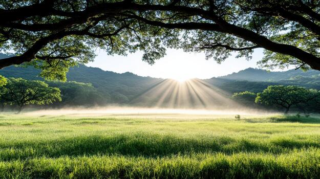 amanecer prado niebla calentar paisaje abierto campo debajo árbol pabellón con suave ligero foto