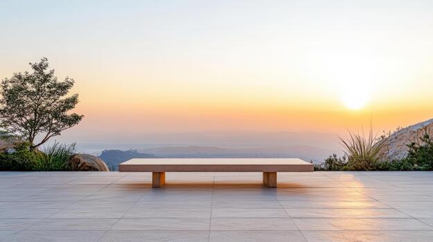 minimalista banco en embaldosado terraza a brumoso puesta de sol con calentar resplandor y sereno ver foto