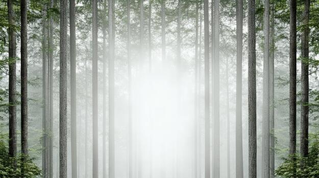 Misty pine forest tall tree trunks soft light ethereal mood photo