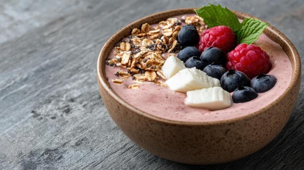 Berry smoothie bowl with granola, blueberry, raspberry, yogurt cube, mint photo