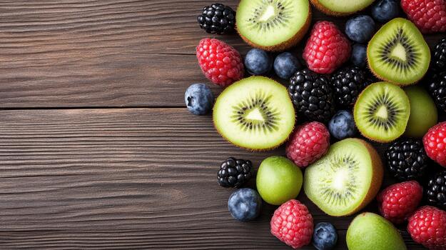 Kiwi berry and mixed berry assortment on wooden table, vibrant fresh fruit and inviting photo