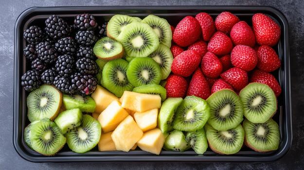 Fresh kiwi strawberry blackberry fruit tray with melon cubes arranged neatly photo