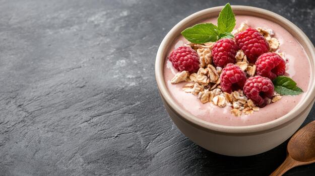 Raspberry smoothie bowl with granola and mint, minimal breakfast joy photo