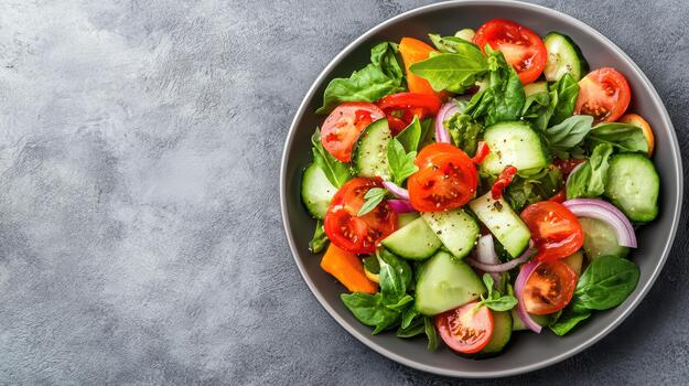 Fresh spinach tomato cucumber salad with red onion and basil, vibrant healthy bowl photo