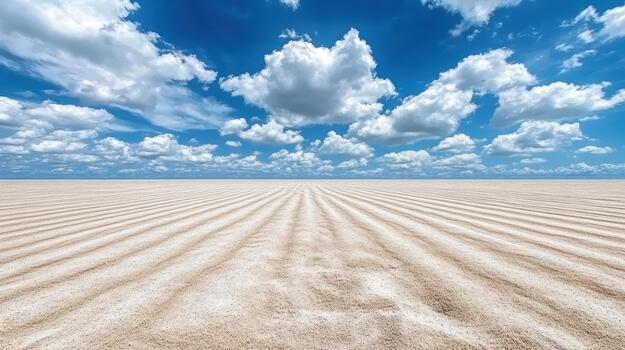Vast sandy plain with rippled texture under dramatic blue sky and fluffy clouds photo