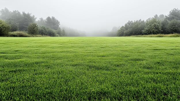 Green grass field foggy morning landscape with distant tree line and soft atmosphere photo