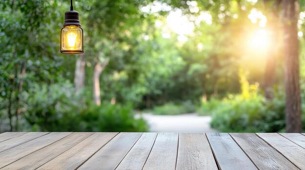 de madera mesa con ligero bulbo en el medio de un bosque foto