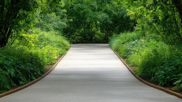 A paved pathway surrounded by trees and bushes photo