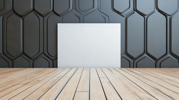 Minimalist blank canvas on wooden floor with geometric dark wall conveying calm photo