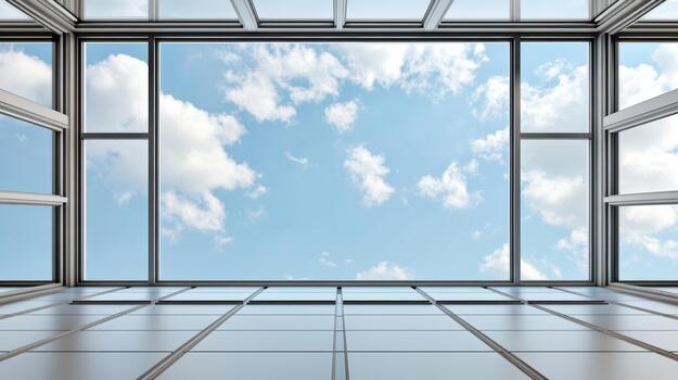 Glass atrium with blue sky and scattered clouds, modern architecture, airy calm photo