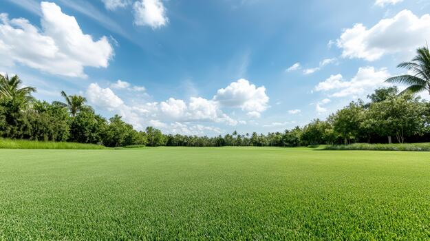 Green lawn horizon with palm trees under blue sky and scattered clouds photo