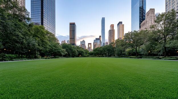 Central park lawn framed by trees and skyline at dusk with calm mood photo