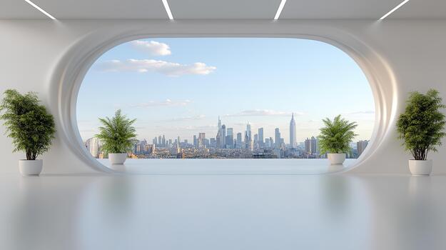 Futuristic interior with oval window framing skyline view, serene minimal mood photo