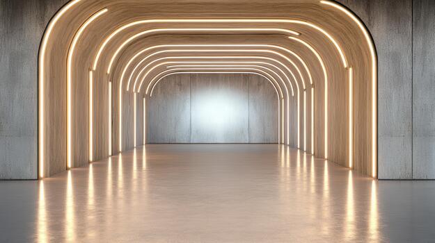Warm minimalist tunnel interior with repeated arched light strips and reflective floor photo
