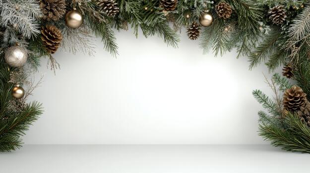 Evergreen garland with pine cone and gold ornaments framing empty white space, festive mood photo